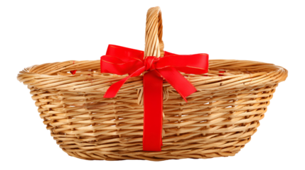 Wicker picnic basket with red ribbon isolated on transparent background
