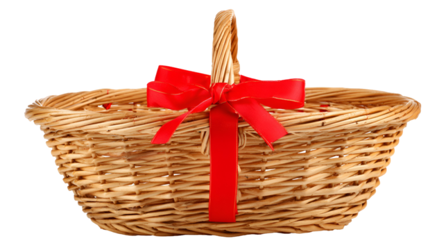 Wicker picnic basket with red ribbon isolated on transparent background