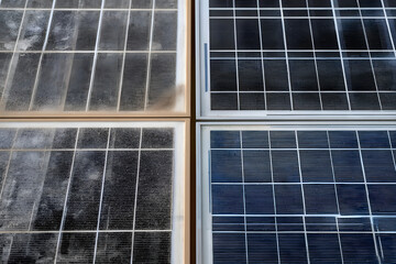 Comparing clean and dirty solar panels showing importance of maintenance