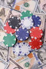 Casino chips, bets and gambling, risk to win or lose money. Betting chips
