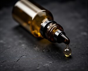 Extreme macro shot capturing a suspended droplet of mockup serum from a glass dropper, with an amber serum bottle blurred behind on a slate surface, evoking a dramatic, moody vibe.