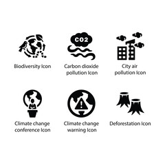 Biodiversity, Carbon dioxide pollution, City air pollution, conference, warning, Deforestation, icon