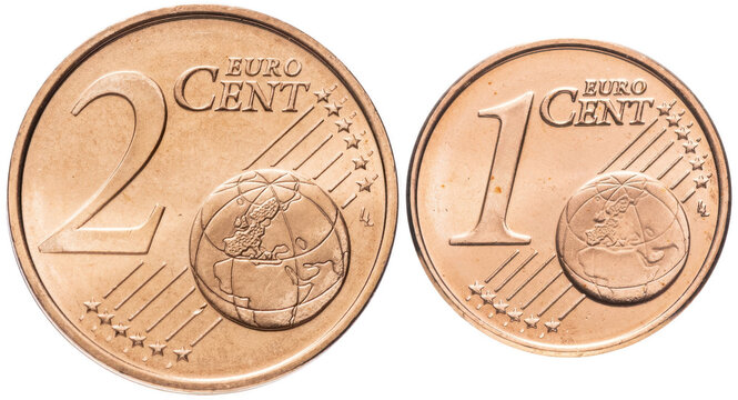 One and two euro cent coins showing europe on transparent background