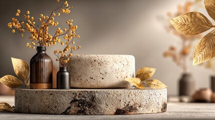 Clean Stone Product Stand with Gold Leaves on Beige Background