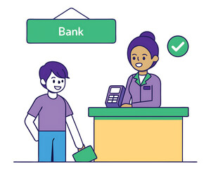 Obraz premium Cartoon man at bank counter with smiling teller and checkmark customer transaction