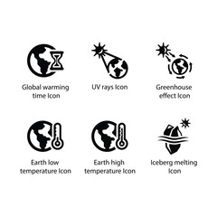 Warming time, UV rays, Greenhouse effect, low temperature, high temperature, Iceberg melting, icon