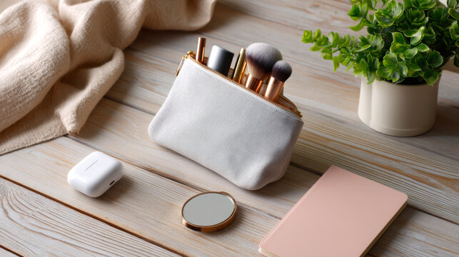 Stylish flat lay featuring beauty makeup bag filled with brushes, compact mirror, and wireless earbuds, alongside notebook and small plant, creating serene workspace