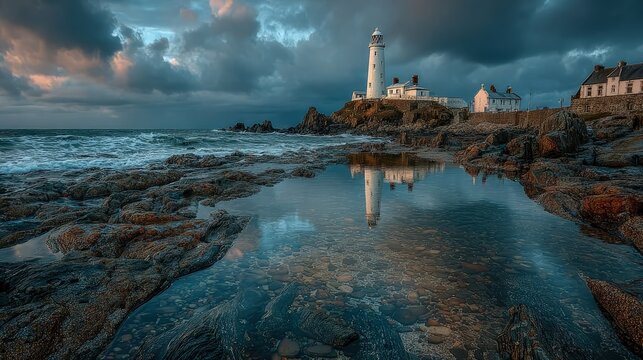 Stormy coastal landscape dramatic clouds and lighthouse mirrored in tidal pools beautiful moody contrast of light and dark water