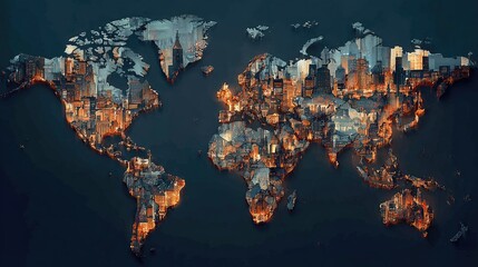 World map design with cityscapes.