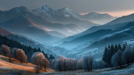 Obraz premium Beautiful Landscape of mountain layer in morning sun ray and winter fog