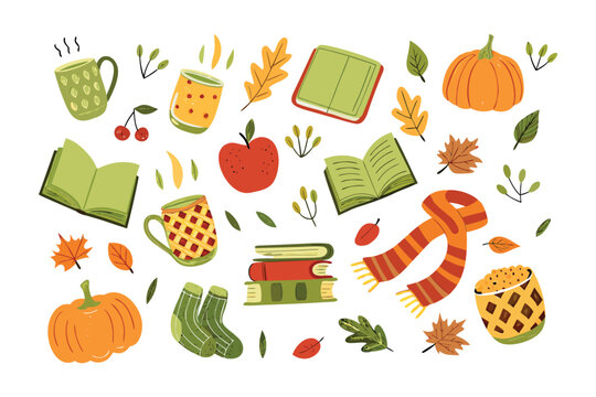 Cozy Autumn Elements: A collection of charming autumn-themed illustrations. Cozy books, steaming mugs, and rustic harvest essentials set against a backdrop that evokes the warm comfort of the season.