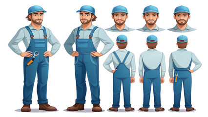 Obraz premium Illustration of a Male Repairman or Technician in Different Poses and Views for Character Design and Animation