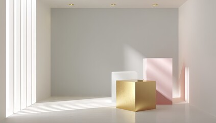 Minimalist room with light-filled, neutral colors and geometric displays