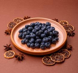 Fresh juicy blueberries, healthy vegan food with vitamins and minerals. Blueberries berry