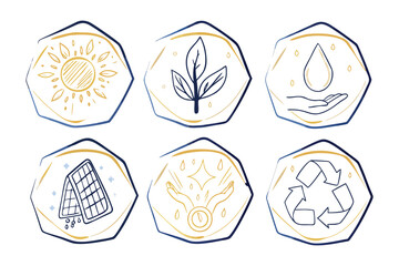 Eco-Friendly Icons: A set of six elegant illustrations embodying key environmental concepts: renewable energy, sustainable living, and conservation of natural resources.