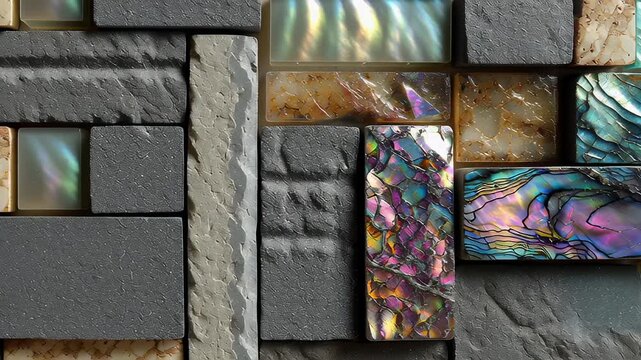 Textured mosaic wall with iridescent tiles, rough stone, shiny gold, and marble elements forming a decorative pattern, footage.