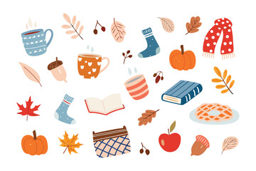 Autumn Cozy Clutter: Warm beverages, seasonal snacks, and classic reading materials in the context of autumn leaves, pumpkins, socks, and cozy accessories for the season. 
