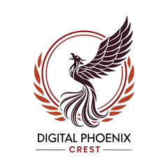 Obraz premium Abstract Phoenix Crest Logo Design – Symbol of Digital Transformation with Fire Wings, Circuit Lines, and Bold Minimalist Style