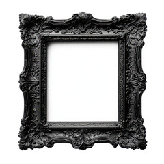 Black carved wooden frame, Ornate black wooden frame with intricate carvings, isolated on transparent background