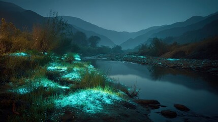 Fairy tale valley landscape bioluminescent plants glowing along a riverbank their lights shimmering in the water beautiful magical reflection