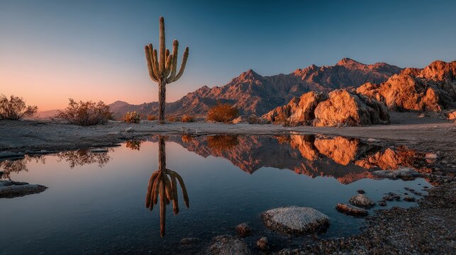 Minimalist desert landscape at dawn a lone cactus reflected in a rare rainwater pool beautiful stark contrast of earth and sky