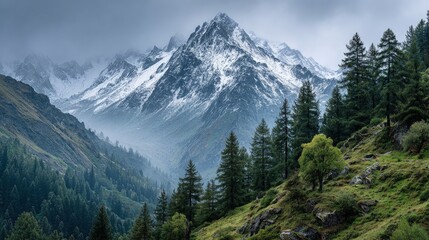 Fototapeta premium View of snowcapped mountains and serene forests under a dramatic sky beautiful landscape
