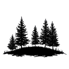 Fototapeta premium Black forest trees silhouette, cluster of black forest trees silhouetted against a bright sky, isolated on transparent background