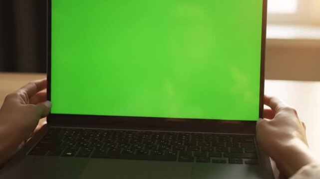 4K 24 fps First-Person POV Green Screen Laptop Opening in Morning Sunlight