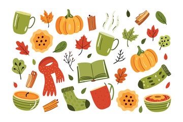Autumn Aesthetic Composition: A cozy collection of autumnal elements comes together, evoking warmth with pumpkins, coffee, and maple leaves, bringing the cozy essence of the season to life.