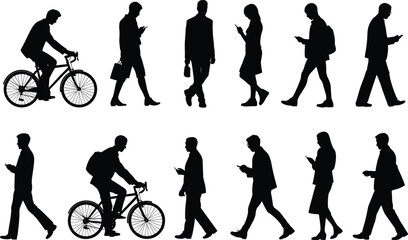 Silhouettes of people walking, cycling, using mobile phones, side profile view, modern lifestyle illustration, street activity concept, vector template, urban mobility design.