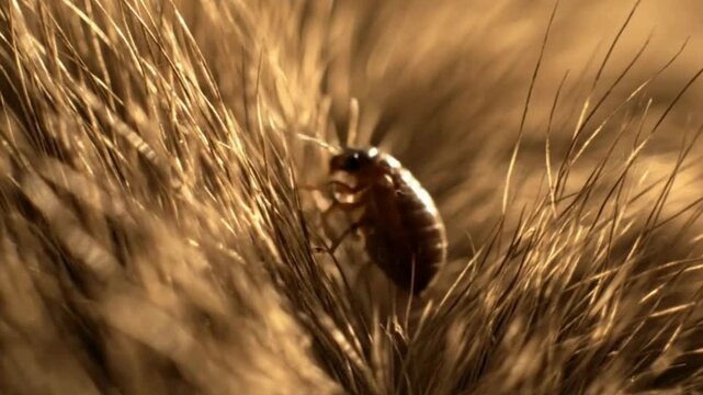 Close-up of a flea crawling through brown animal fur, potentially causing irritation