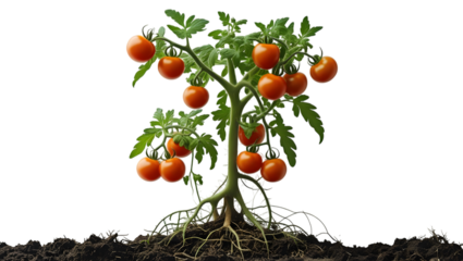 Tomatoes growing ripe on a bush in a garden with fresh red fruits and green leaves