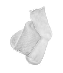 Pair of comfortable socks isolated on white, top view