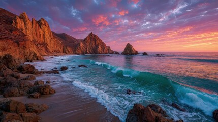 A breathtaking ocean scenic landscape at sunset golden waves crashing against rugged cliffs vibrant colors reflecting on the water