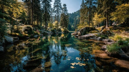 Mirror surface of a forest lake in clear summer weather beautiful landscape