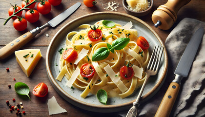 Gourmet Creamy Fettuccine Pasta with Cherry Tomatoes and Fresh Basil – 4K Rustic Top View