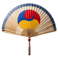 "Traditional Korean fan (buchae) with circular paper surface and wooden handle, painted with red blue yellow taegeuk symbol, isolated on transparent background"
