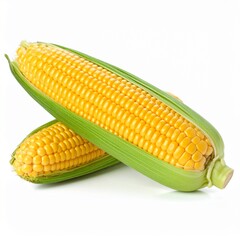 Two ears of fresh yellow corn, whole, with green husks, isolated on white