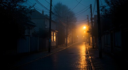 Foggy Urban Street at Night with Lamp Glow and Wet Pavement Reflections