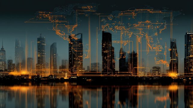 Global connections overlaid on a city skyline at night. - Powered by Adobe