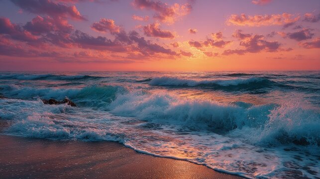 A breathtaking ocean sunset golden waves crashing vibrant pink and orange skies reflecting on the water beautiful and serene
