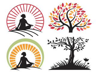 Yoga and Nature Inspired Vector Graphic Collection of Silhouettes with Trees and Meditating Figures silhouette