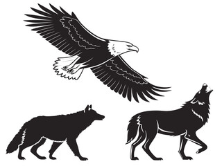 Eagle and Wolves Vector Illustration in Black and White Silhouette Style silhouette illustration eagle