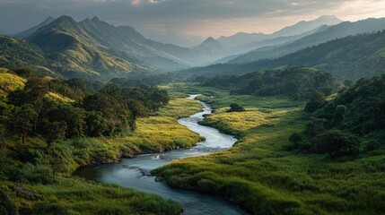Fototapeta premium A serene river winds through a lush green valley scenic landscape with misty mountains in the distance golden sunrise