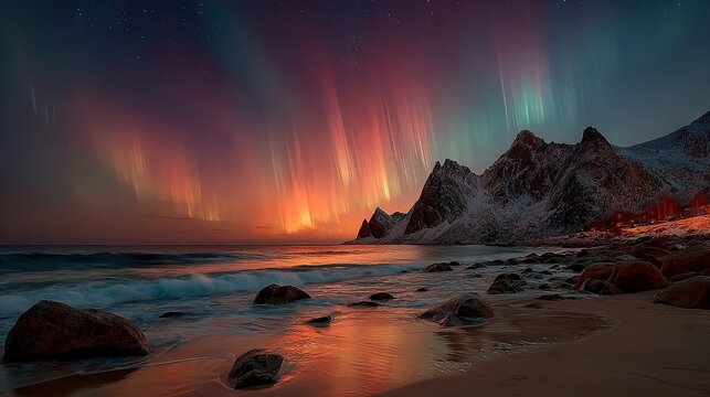 Northern lights over the sea snowy mountains at starry winter night beautiful landscape - Powered by Adobe