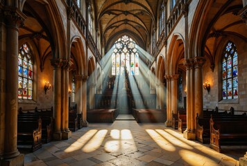 Fototapeta premium Sunlight streams through stained glass windows, casting a warm glow on the stone walls and pews of a grand cathedral 