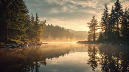 Tranquil landscape of a misty lake at dawn golden sunlight filtering through pine trees mirror-like water peaceful morning mood