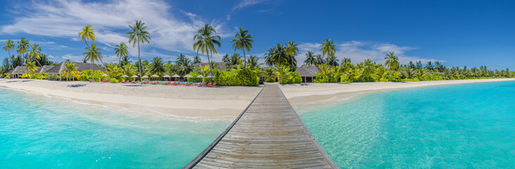Picturesque tropical beach in Maldives with wooden pier, palm trees, clear blue sea, soft sand and sky, panoramic island shore perfect for summer travel, luxury vacation, and tourism background