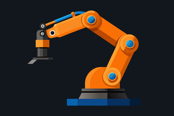 Modern orange robotic arm with gripper on dark background