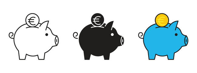 Piggy bank icon. Piggy bank with euro coin. Piggy bank saving money icon in different style. Vector illustration .